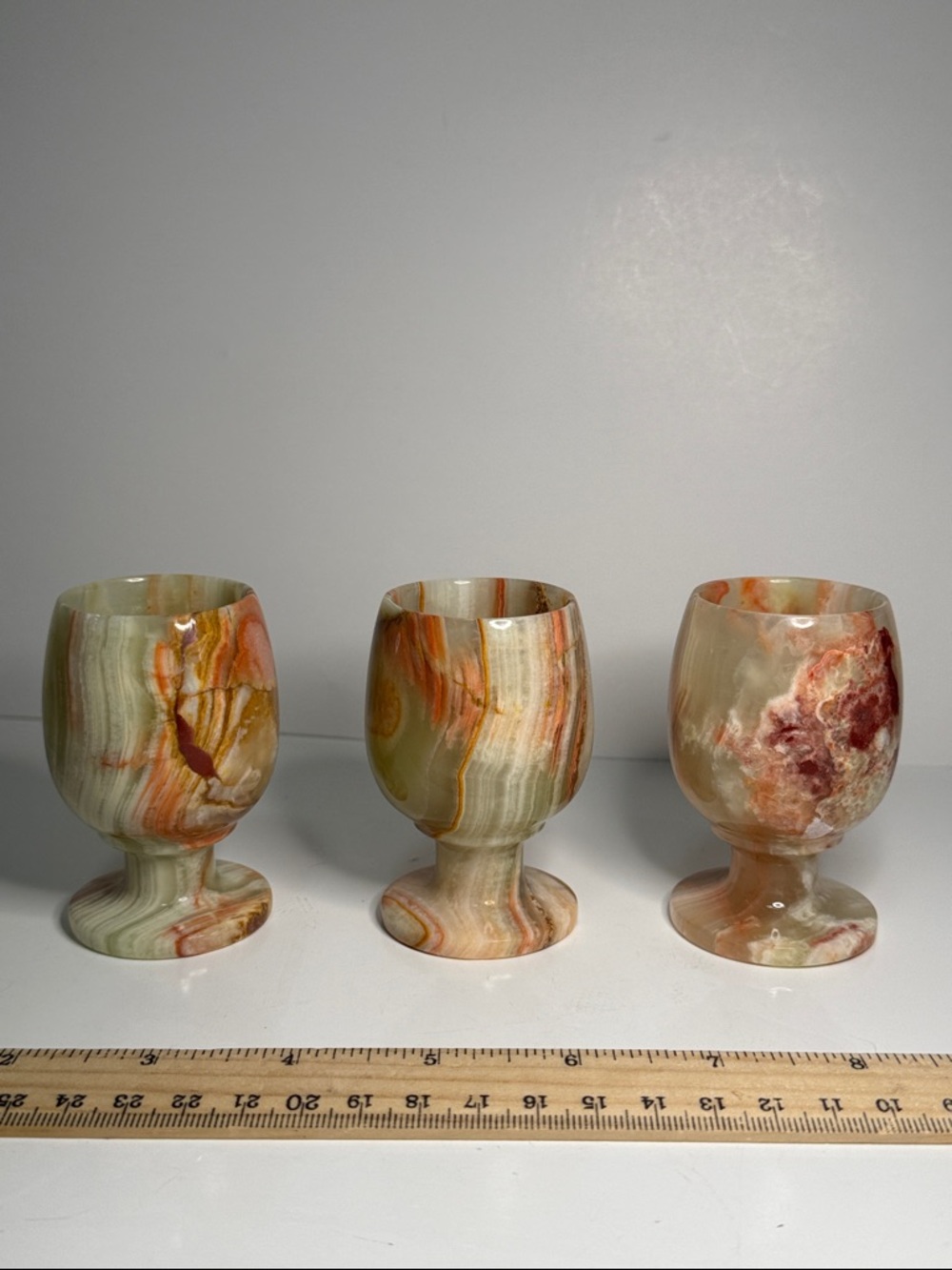 Onyx/Marble Stone Goblet Set - 3 Decorative Chalices in Green & Orange Tones